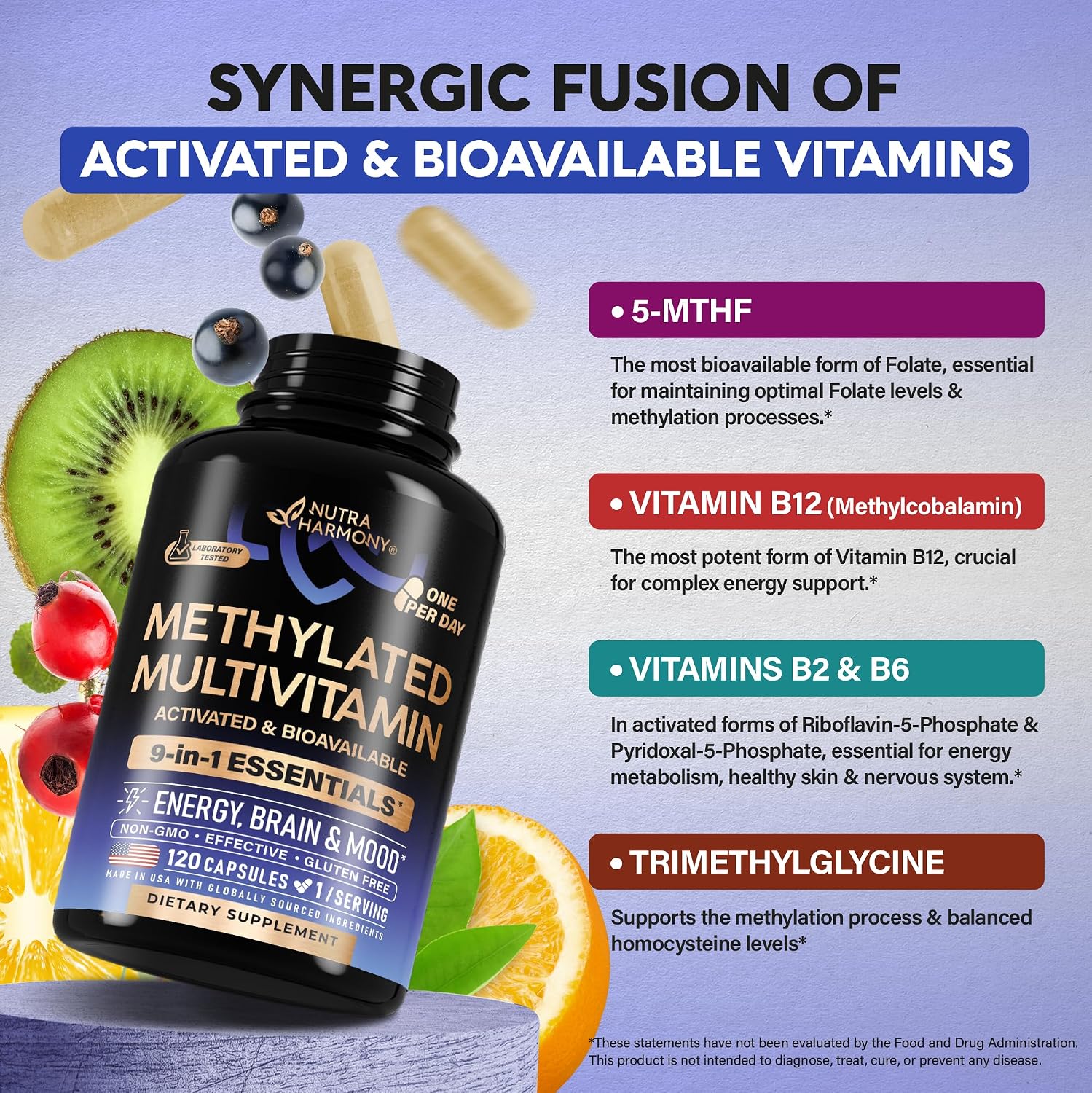 Detalle de NUTRAHARMONY 9-in-1 Methylated Multivitamin, 120 Capsules with TMG, 5MTHF & B12