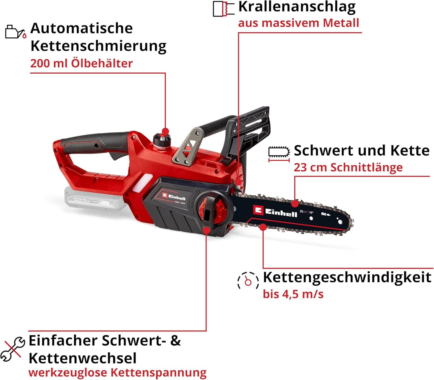Detalle de Einhell GE-LC 18 Li-Solo Power X-Change Kettensäge – kompakte Akku-Kettensäge mit 25 cm Schwert