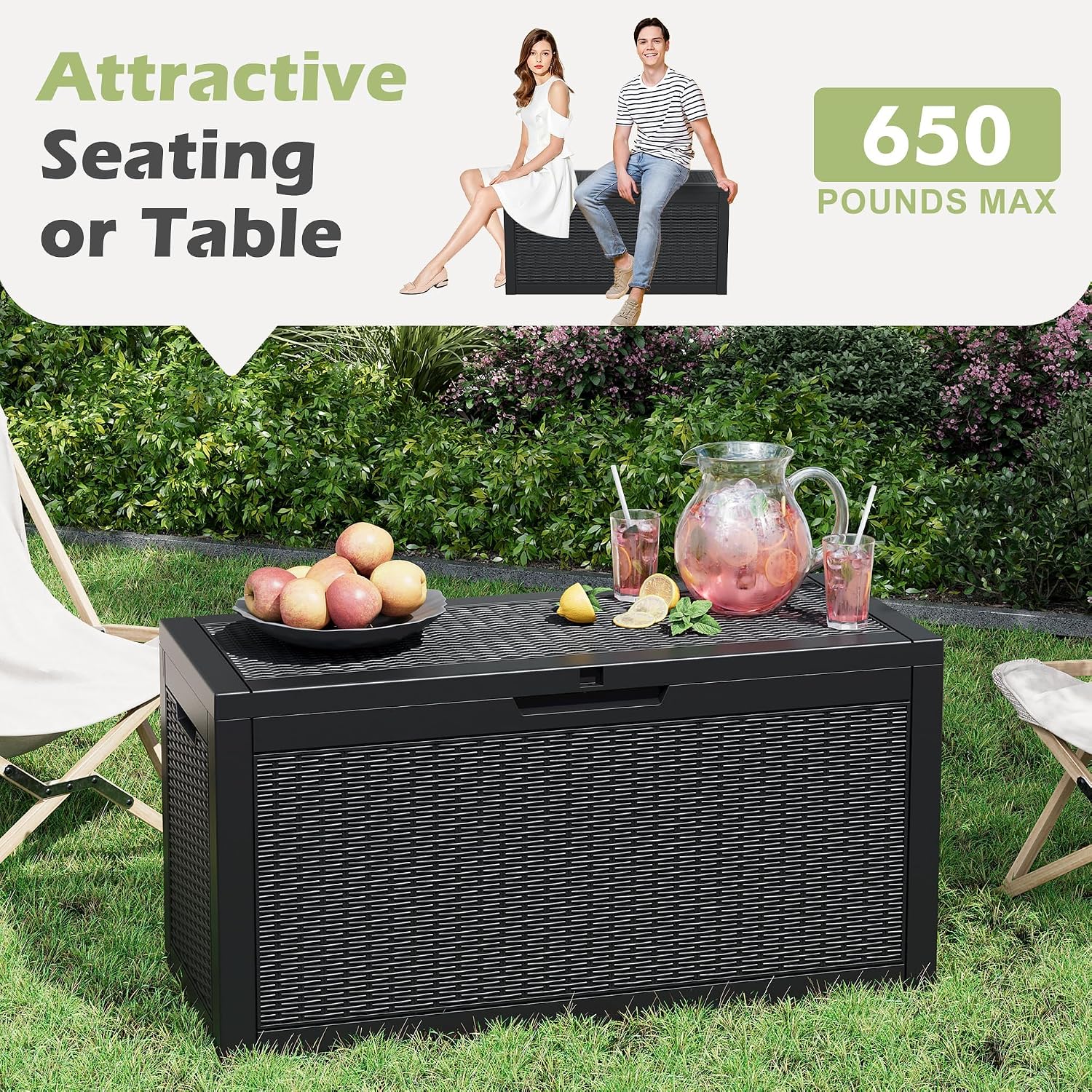 Detalle de WTFGO 80-Gallon Rattan Black Resin Outdoor Storage Box with Lockable Lid