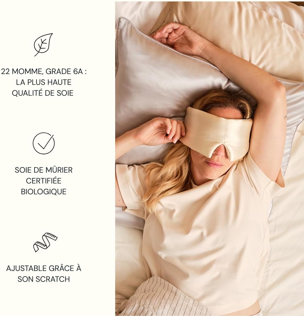 Detalle de Emily’s Pillow – masque de nuit bandeau en pure soie biologique 19 momme, couleur champagne