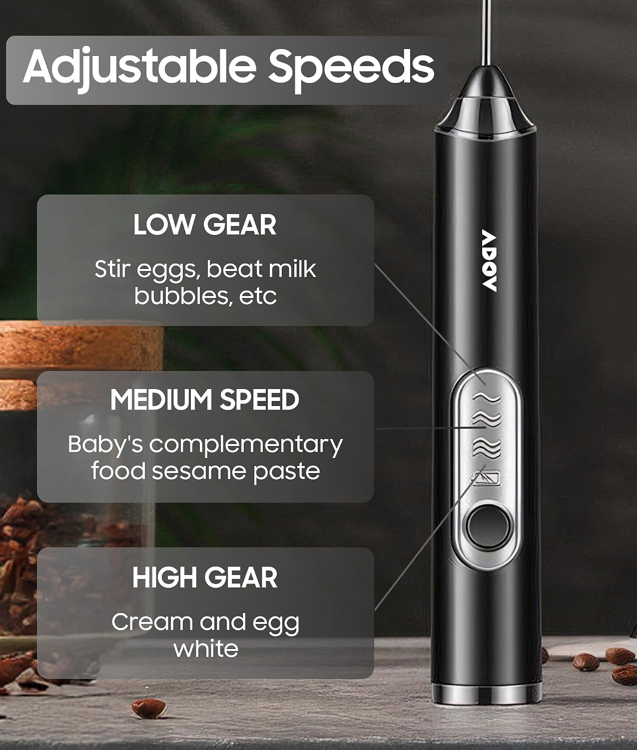 Detalle de ADOV 0142-MKF-BLK Handheld Milk Frother, USB Rechargeable, 3 Speeds