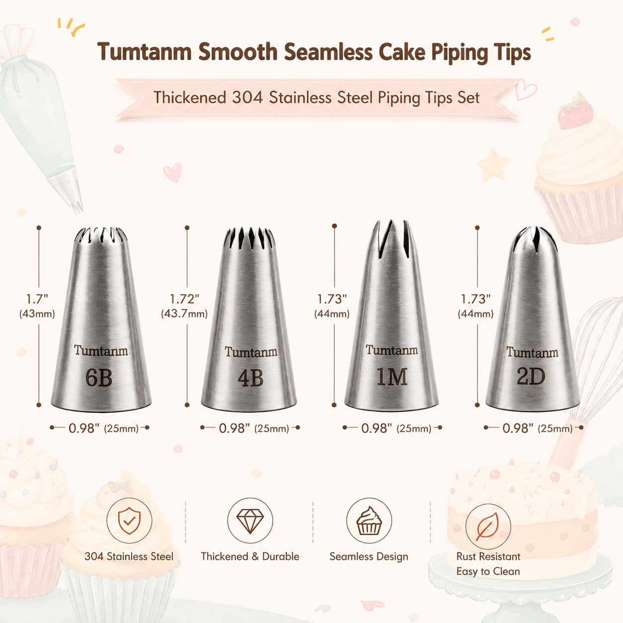 Detalle de Tumtanm #1M #2D #4B #6B Large Piping Nozzles – 4pc Stainless Steel Set for Cakes & Baking