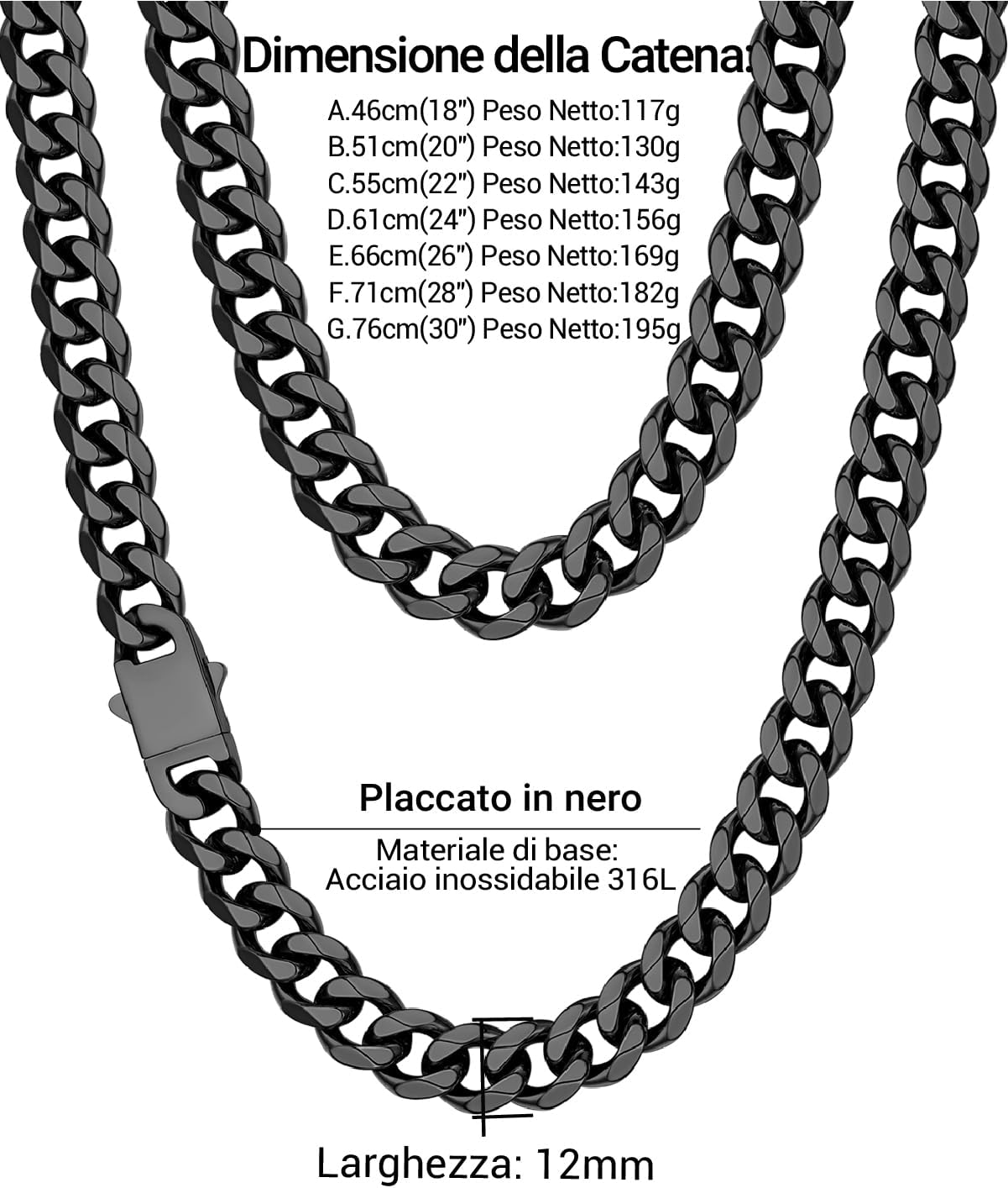 Thumbnail 6 de PROSTEEL Collana Argento Uomo – Catena Cubana Miami in acciaio inox 316L, 6/9/12 mm, 45–75 cm