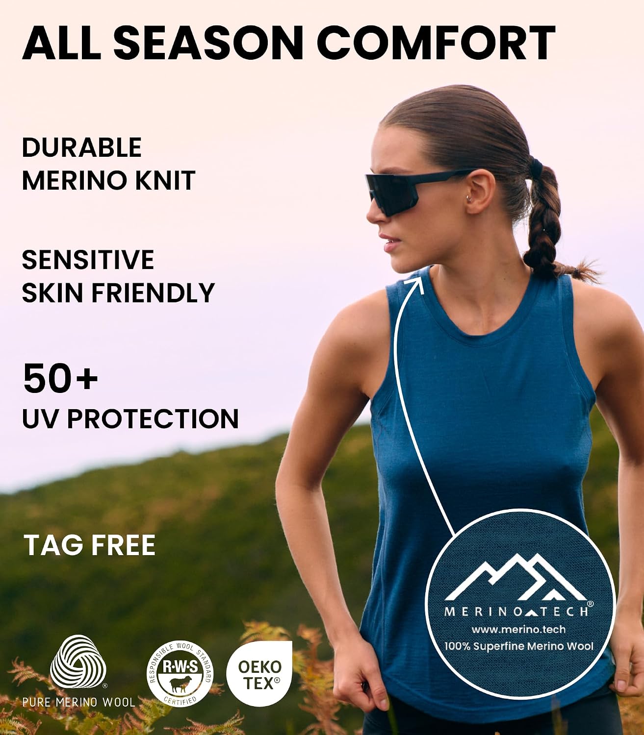 Detalle 2 de Merino.tech Women’s Active Merino Wool Tank Top (Moisture-Wicking, Anti-Odor) Lightweight Base Layer