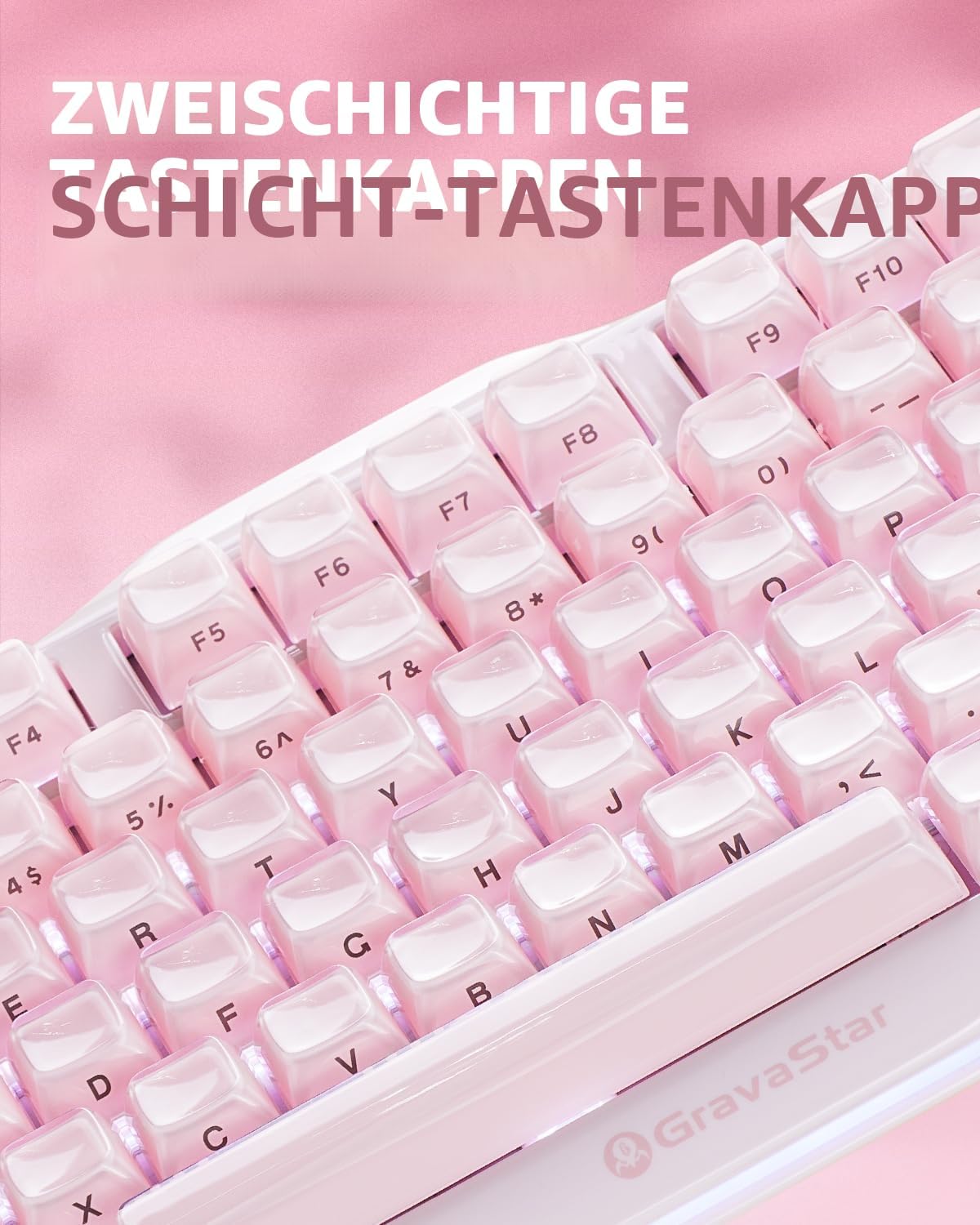 Detalle 2 de GravaStar Mercury K1 75% Mechanische Tastatur (Hot Swap, Wireless, Aluminiumrahmen) – Sakura Rosa