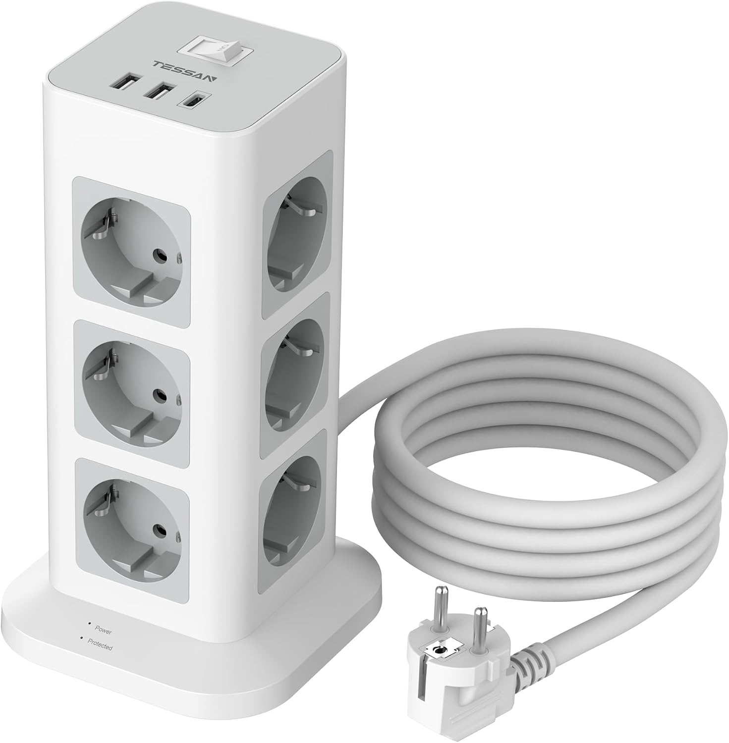 Detalle de TESSAN TPS04-DE-C stekkerdoos met overspanningsbeveiliging, 12 stopcontacten en 3 USB-poorten