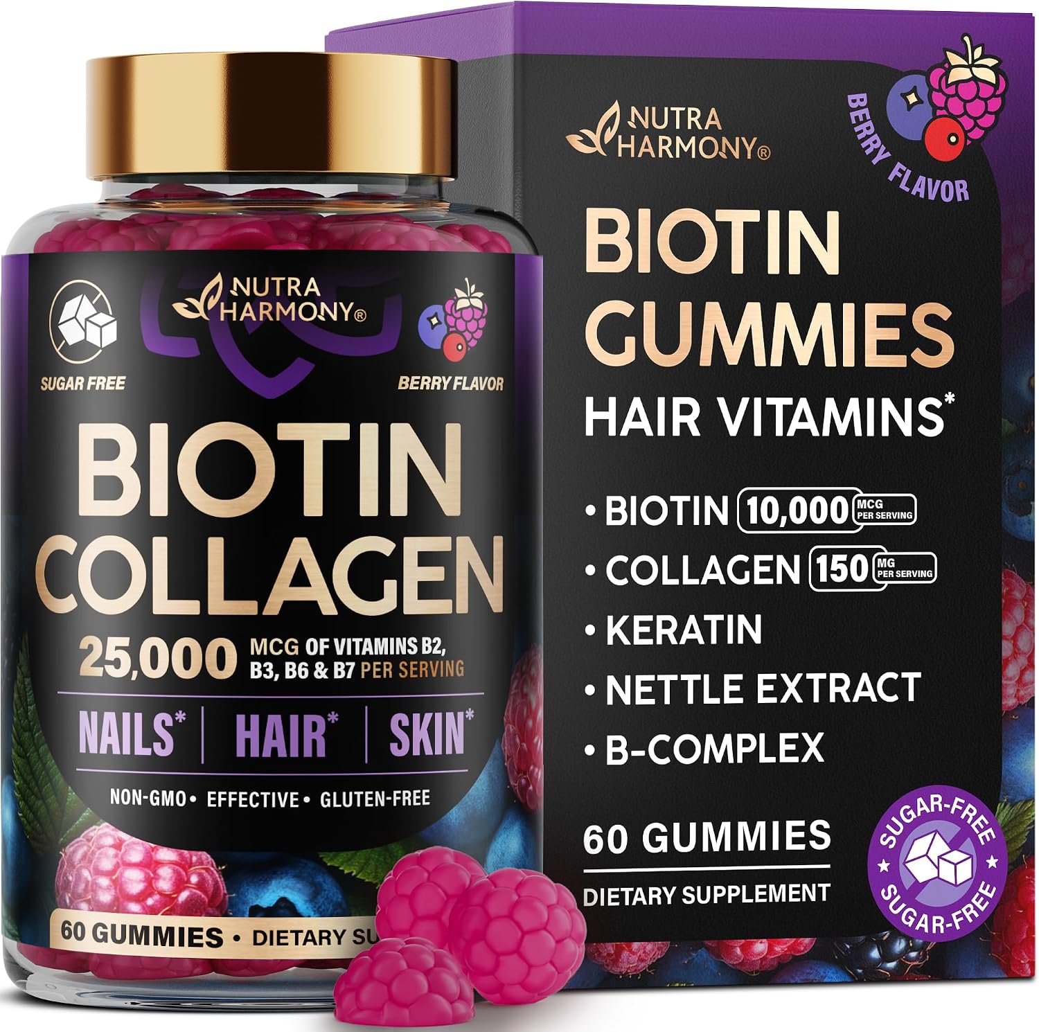 Detalle de NUTRAHARMONY NH-BTNGMY60 Biotin Gummies, Berry, Sugar-Free, 10,000 mcg