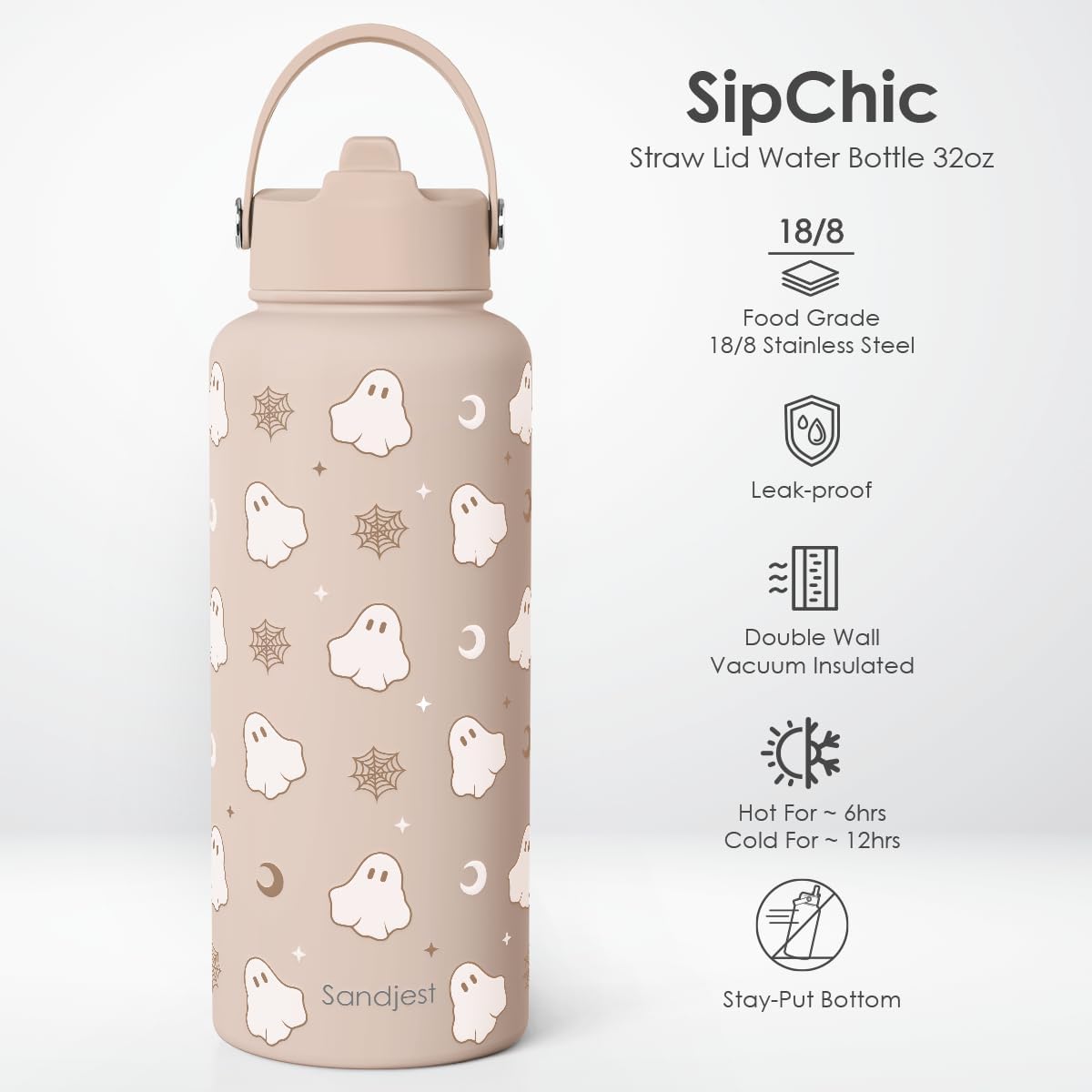 Detalle de SANDJEST SJ-DW-SS-WB32SL Halloween Boo Stainless Steel Water Bottle, 32 Ounces