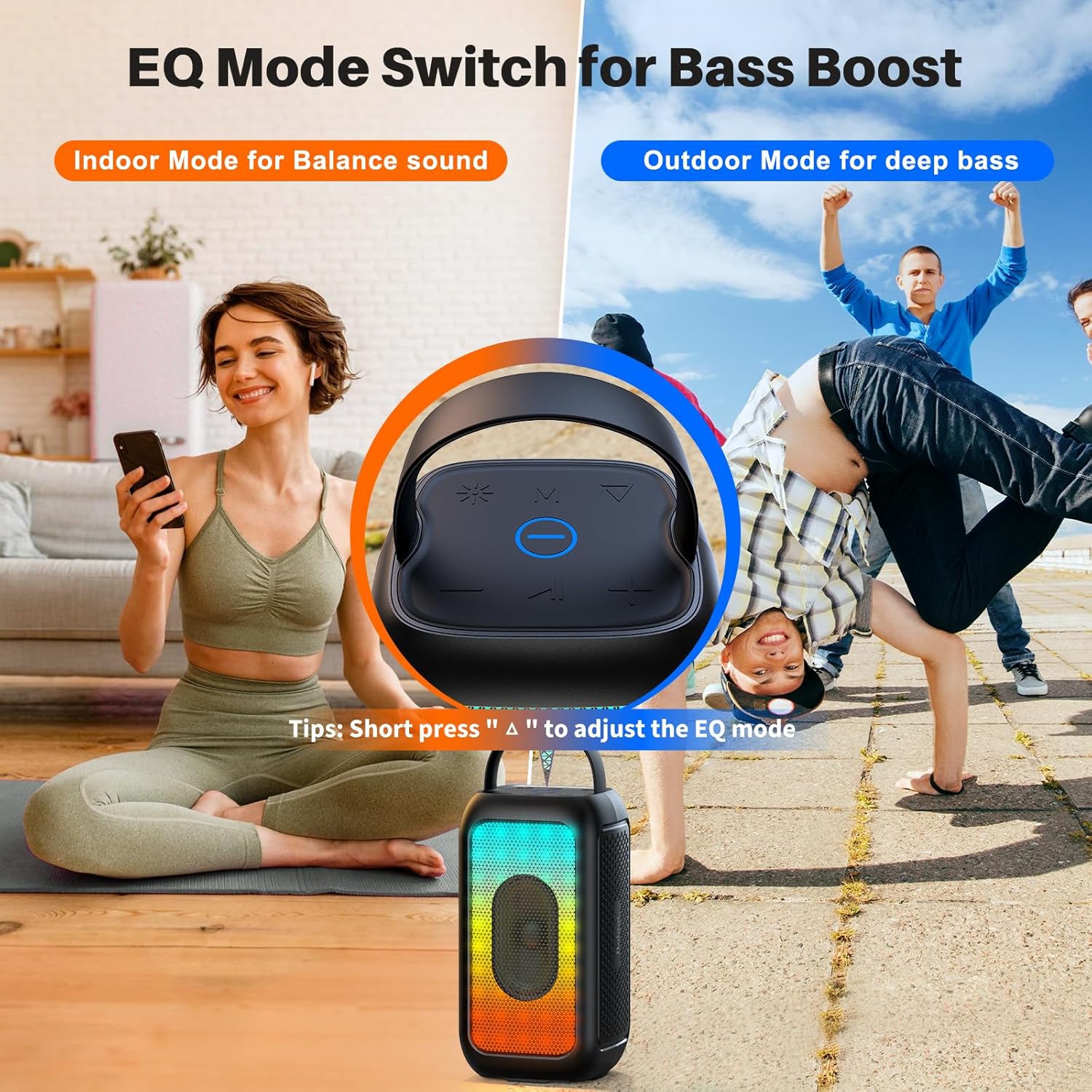Detalle de Bobtot Tragbarer Bluetooth-Lautsprecher mit Mikrofon, 16 Std. Akku, RGB-Effekt, Echo- und EQ-Modus – Schwarz