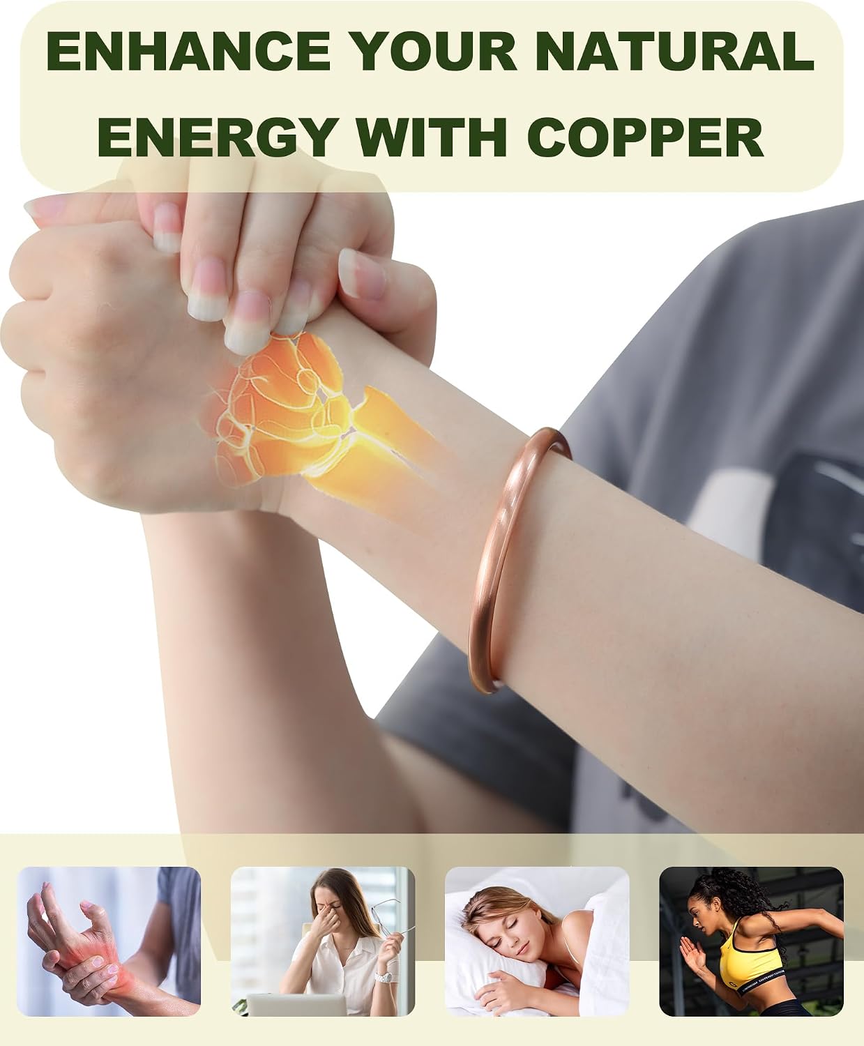 Detalle de MagEnergy 100% Solid Copper Bracelet – Handmade Adjustable Open Cuff