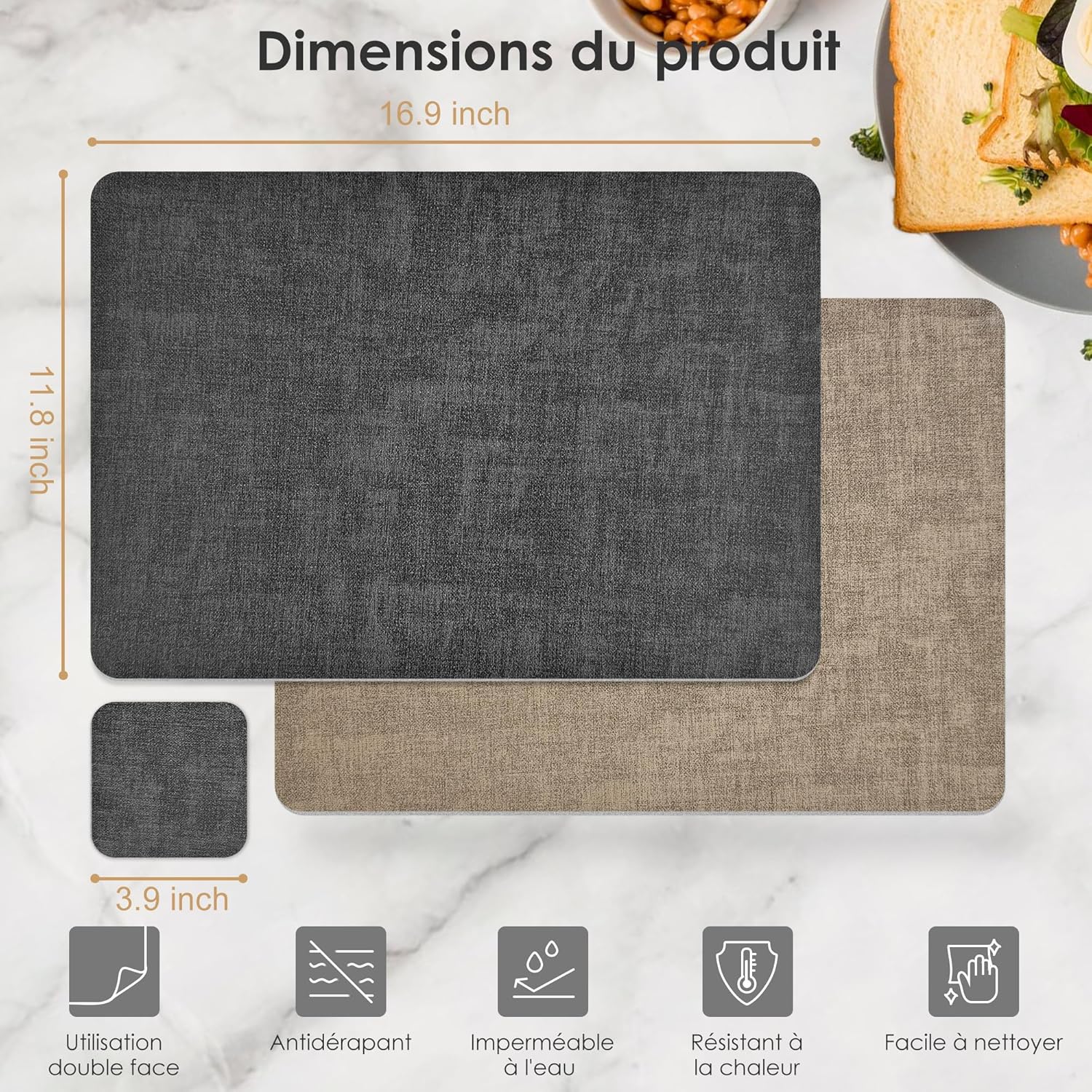 Thumbnail 6 de KitchenBoss Set de table lavable en plastique double face (lot de 6) gris abricot, antidérapant, résistant à la chaleur