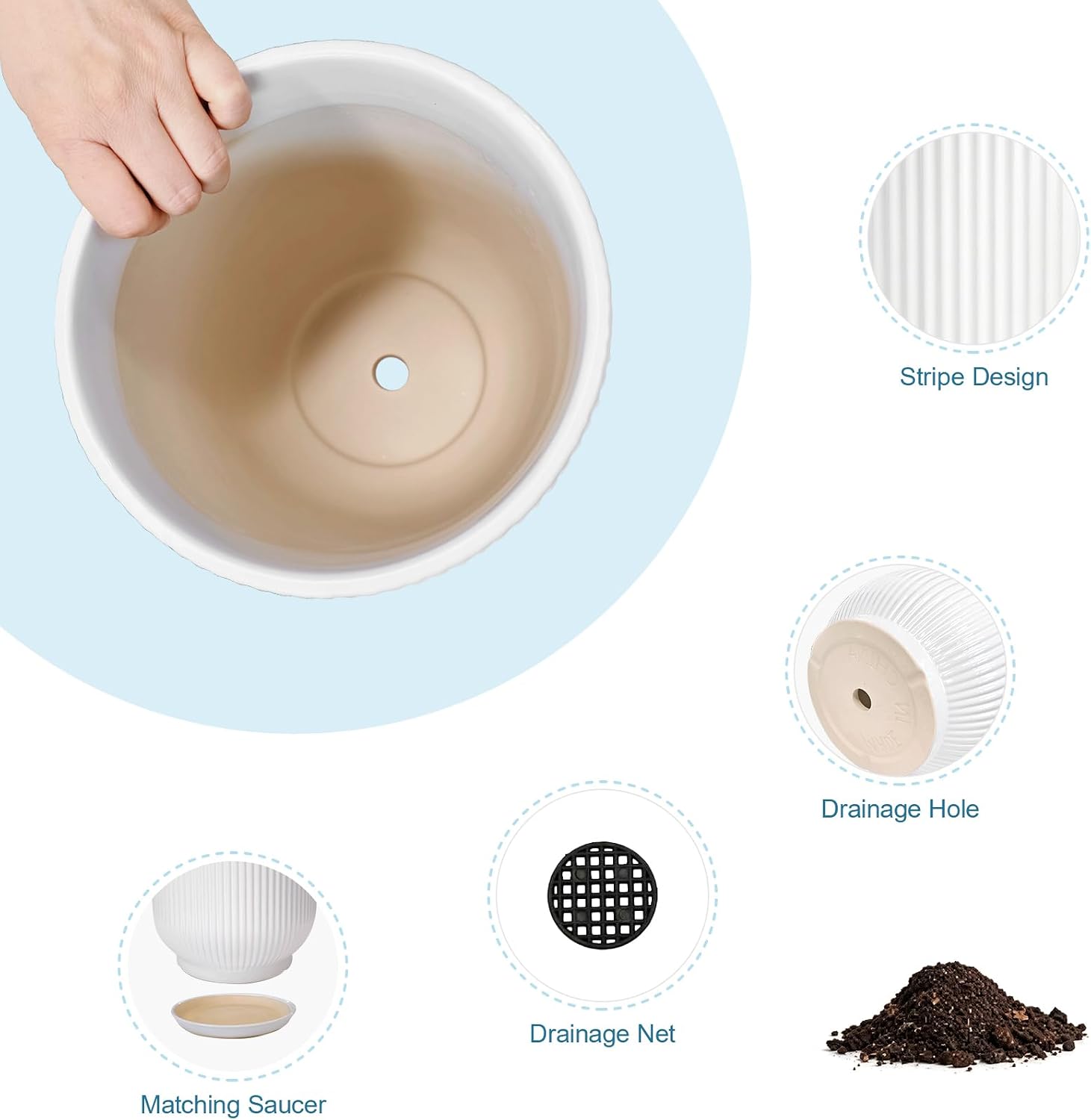 Detalle de Deep Dream STW-8in-Planters-White 8-Inch Ceramic Planter with Drainage and Saucer