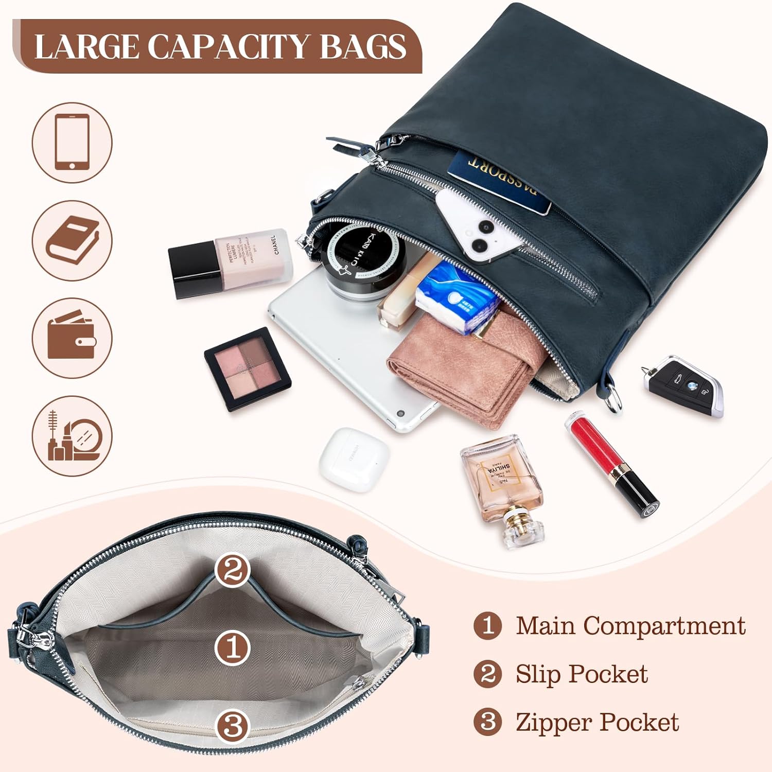Thumbnail 6 de LUROON Crossbody Bag for Women – Lightweight Medium PU Leather, Adjustable Wide Strap