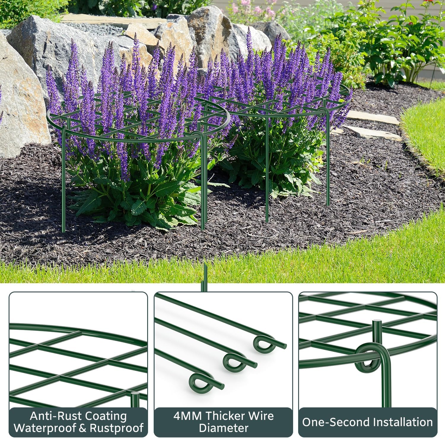 Thumbnail 3 de KAZITOO 4 Pack 60cm Round Grow Through Plant Supports – Heavy-Duty Metal Grid with Detachable Legs