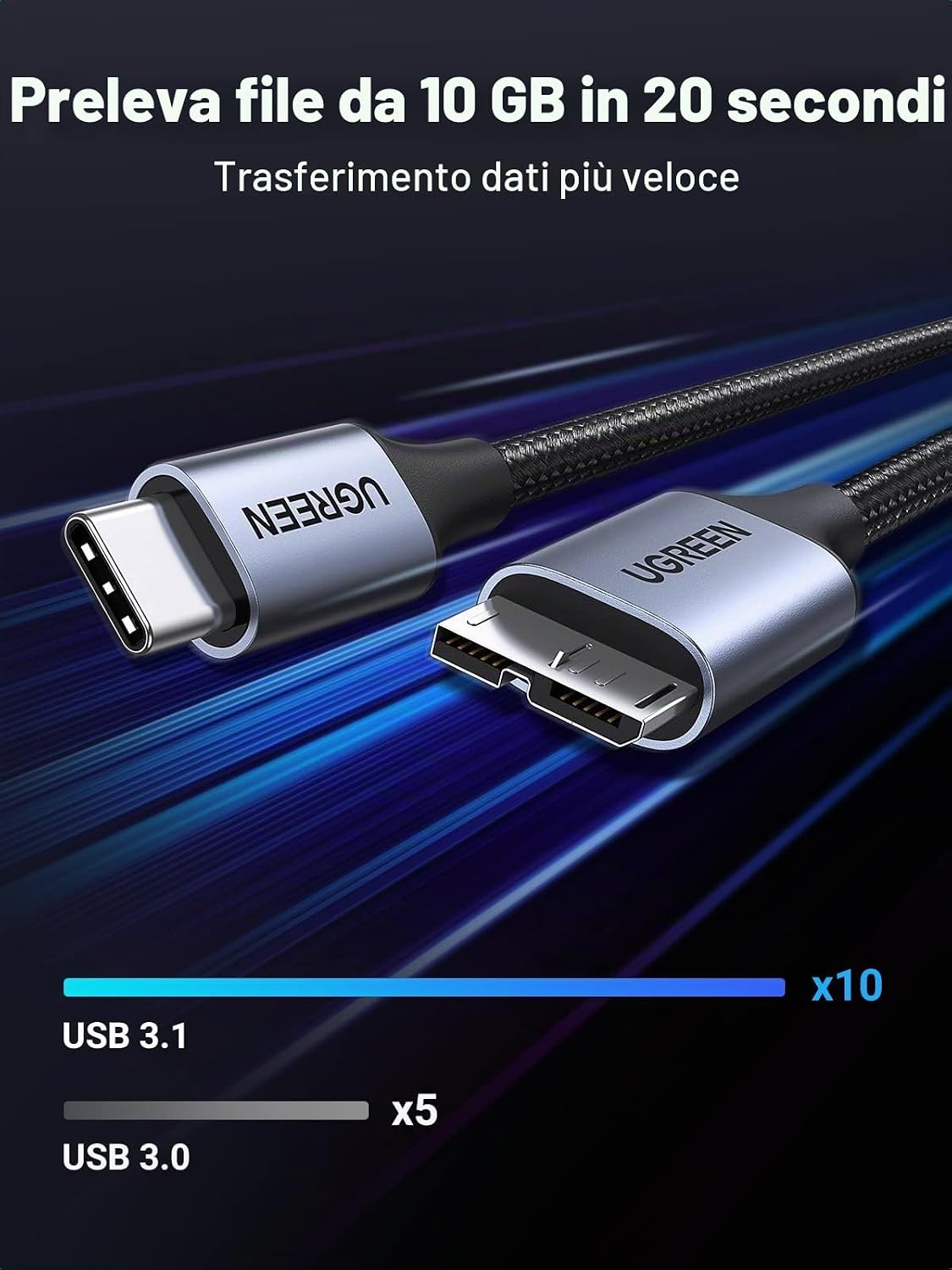Detalle de UGREEN Cavo Type C a Micro USB 3.0 1 m: trasferimento rapido e ricarica sicura per SSD esterni e dispositivi Micro USB