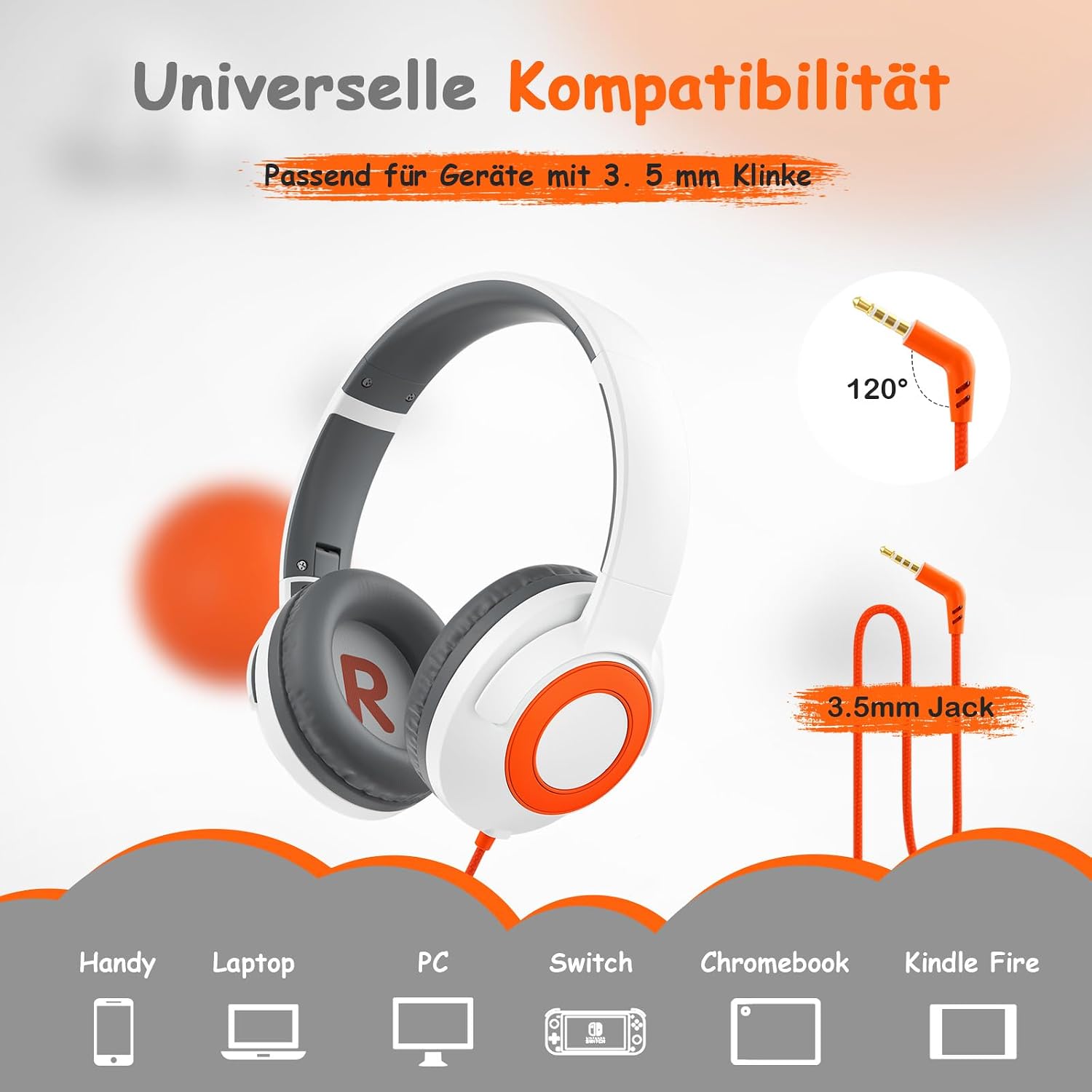 Detalle de TONOSHARK Kinder-Kopfhörer mit Kabel, klappbar & Mikrofon inkl. Gehörschutz (85/94 dB) – für Homeschooling & Unterricht (weiß)