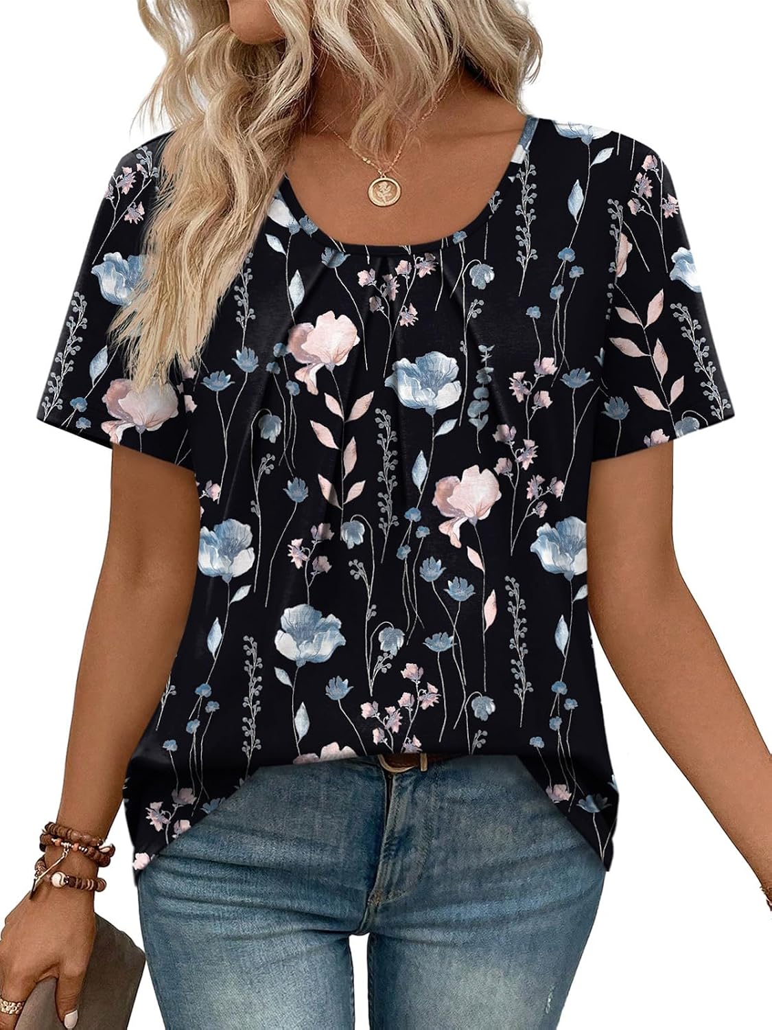 Detalle de WIHOLL Women Pleated Short Sleeve Top – Lightweight Business Casual Blouse