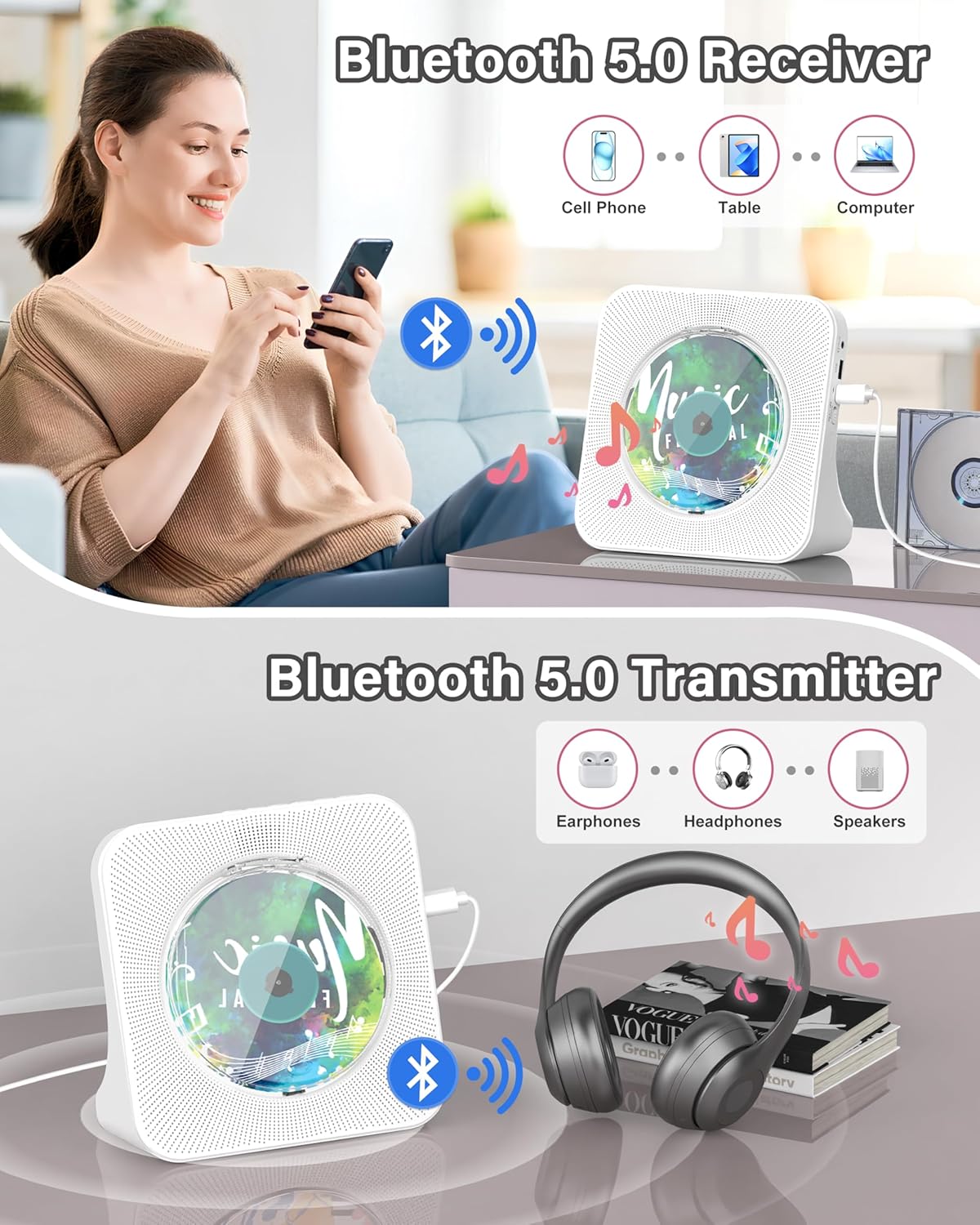 Detalle de Greadio Portable CD Player with Bluetooth 5.0, LCD Display, Remote Control, FM Radio, AUX & USB