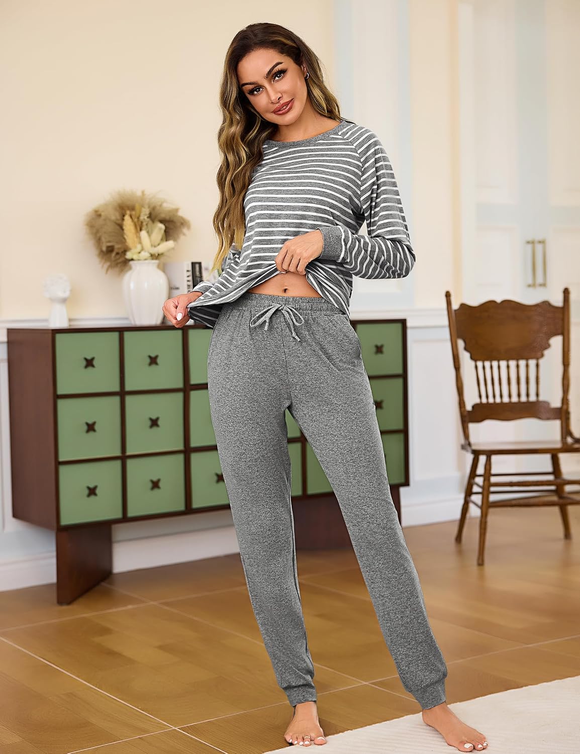 Detalle de Litherday Pyjama Femme Hiver en Coton – Ensemble rayé à manches longues, col rond