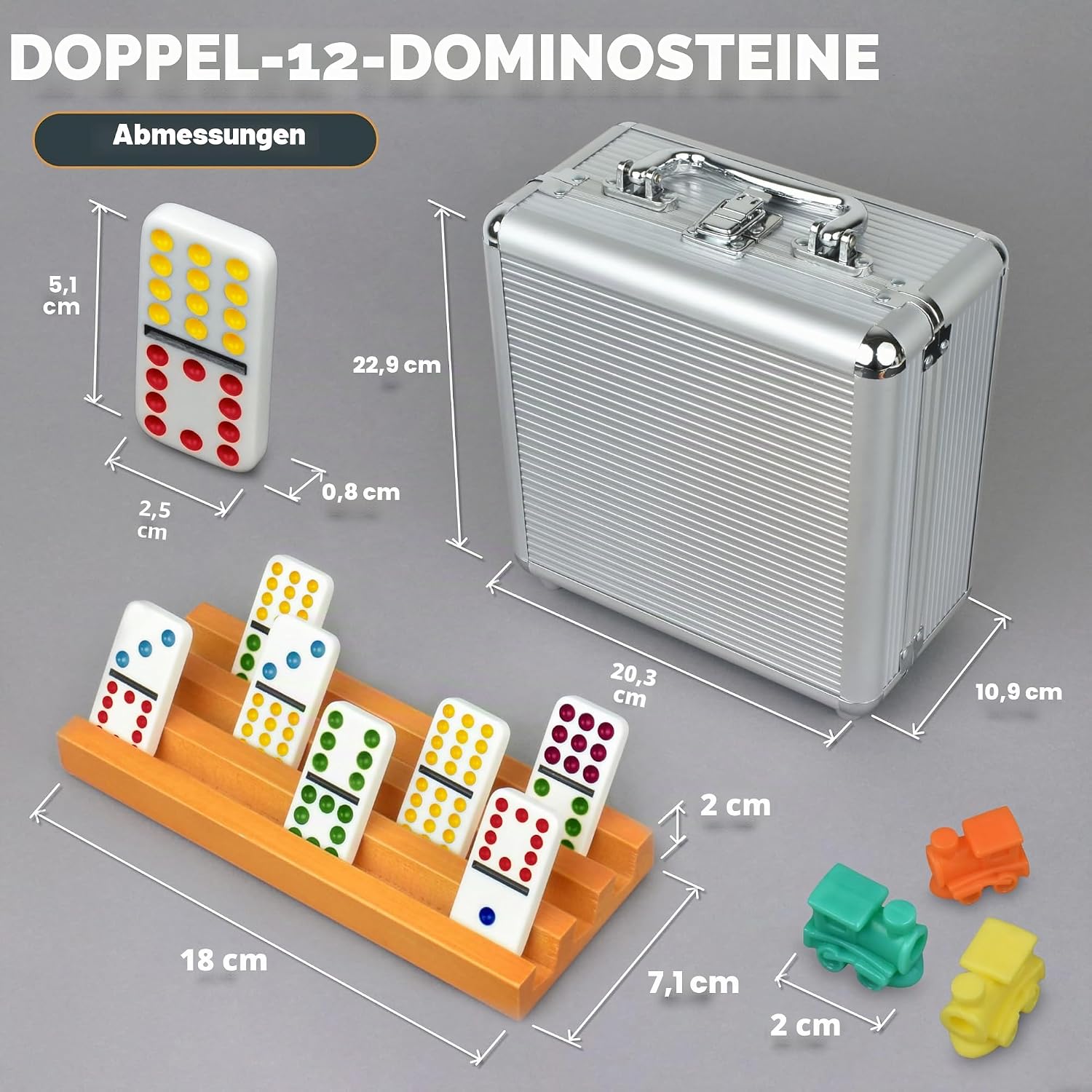 Detalle 2 de Queensell Mexican Train Domino-Set mit 8 Haltern – Doppel-12-Steine aus Holz, inkl. Nabe, Halter und Aluminiumschale