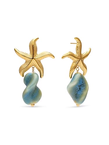 Detalle de SINGULARU Pendientes Starfish Wave de Acero con Baño de Oro 18kt