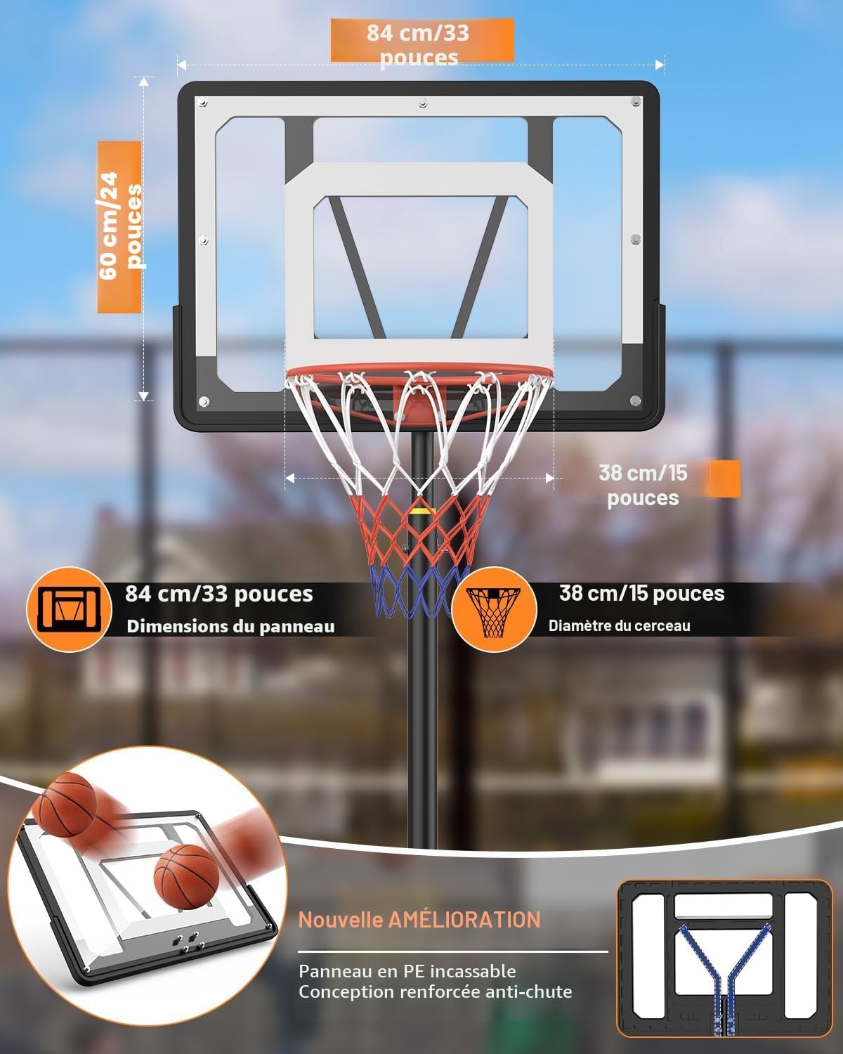 Detalle 2 de Panier de basket portable réglable 1,5–2,1 m avec panneau 84 cm