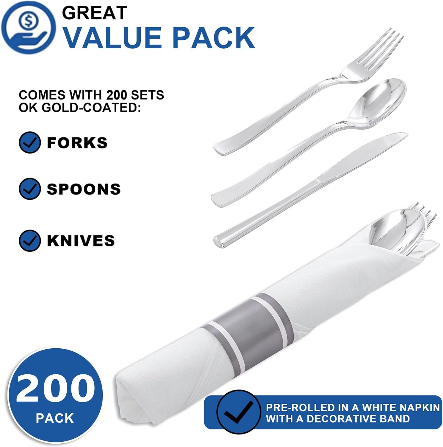Detalle de Joyido 200 Guests Pre-Rolled Silver Plastic Silverware Set (200-Piece Pack with Napkins)