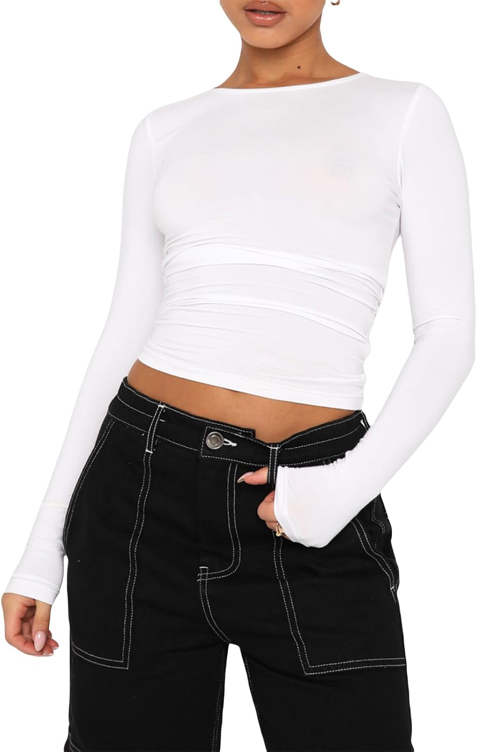 Detalle de Women’s casual crop tops slim fit long sleeve crew neck fitted T-shirt (polyester)