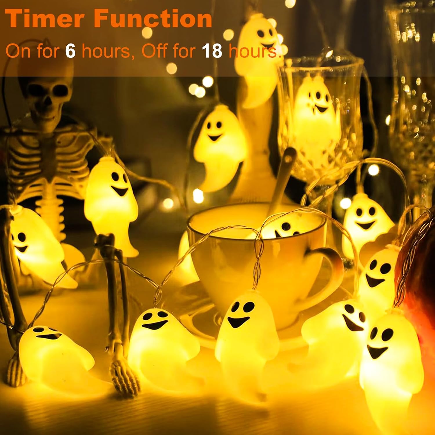 Thumbnail 2 de XVZ Halloween-ljusslinga med 20 vita LED-spöken och timer