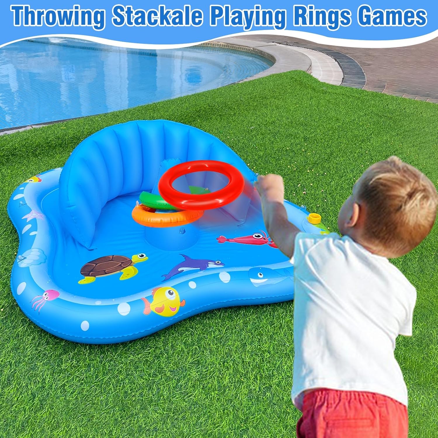 Thumbnail 3 de iGeeKid Baby Play Mat with Sprinkler (Inflatable Pool Float with Canopy & Stackable Rings)