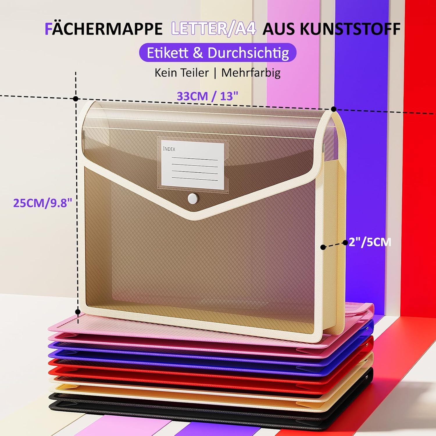 Thumbnail 1 de ThinkTex 5er-Set Dokumententaschen A4 mit Etiketten, transparent und Druckknopfverschluss