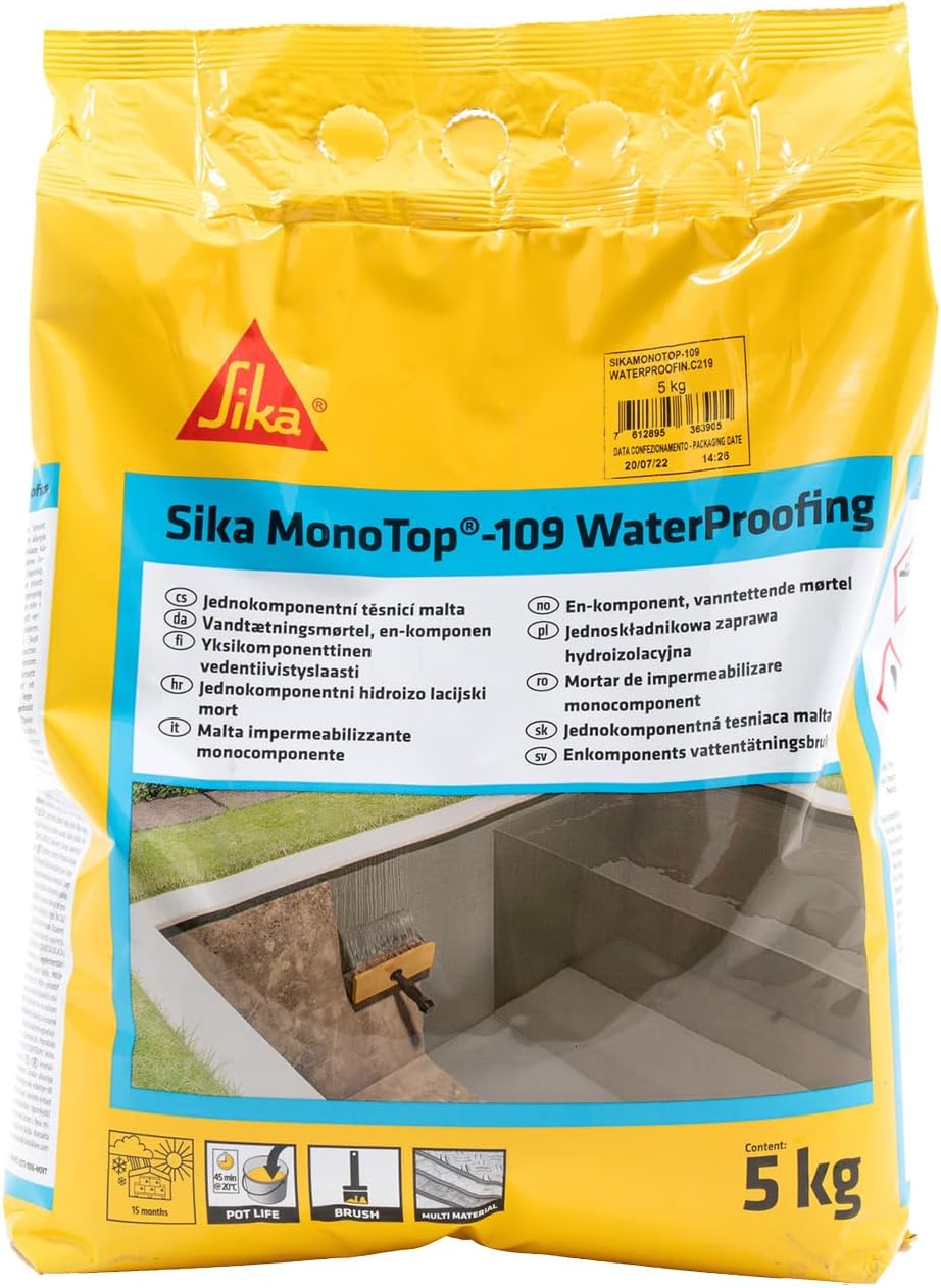 Detalle de Sika Monotop 109 Waterproofing – Mortier imperméabilisant gris 5 kg pour caves et locaux enterrés