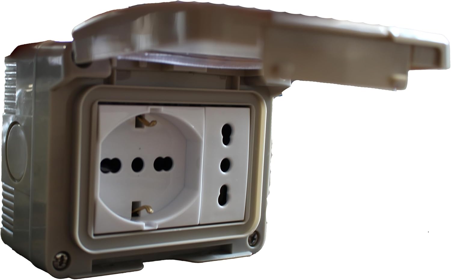 Thumbnail 3 de Cassetta Elettrica IP55 con Sportellino, 3 Moduli: Presa Schuko P40 + Presa Bipasso 10/16A — Kit Pronto per Montaggio