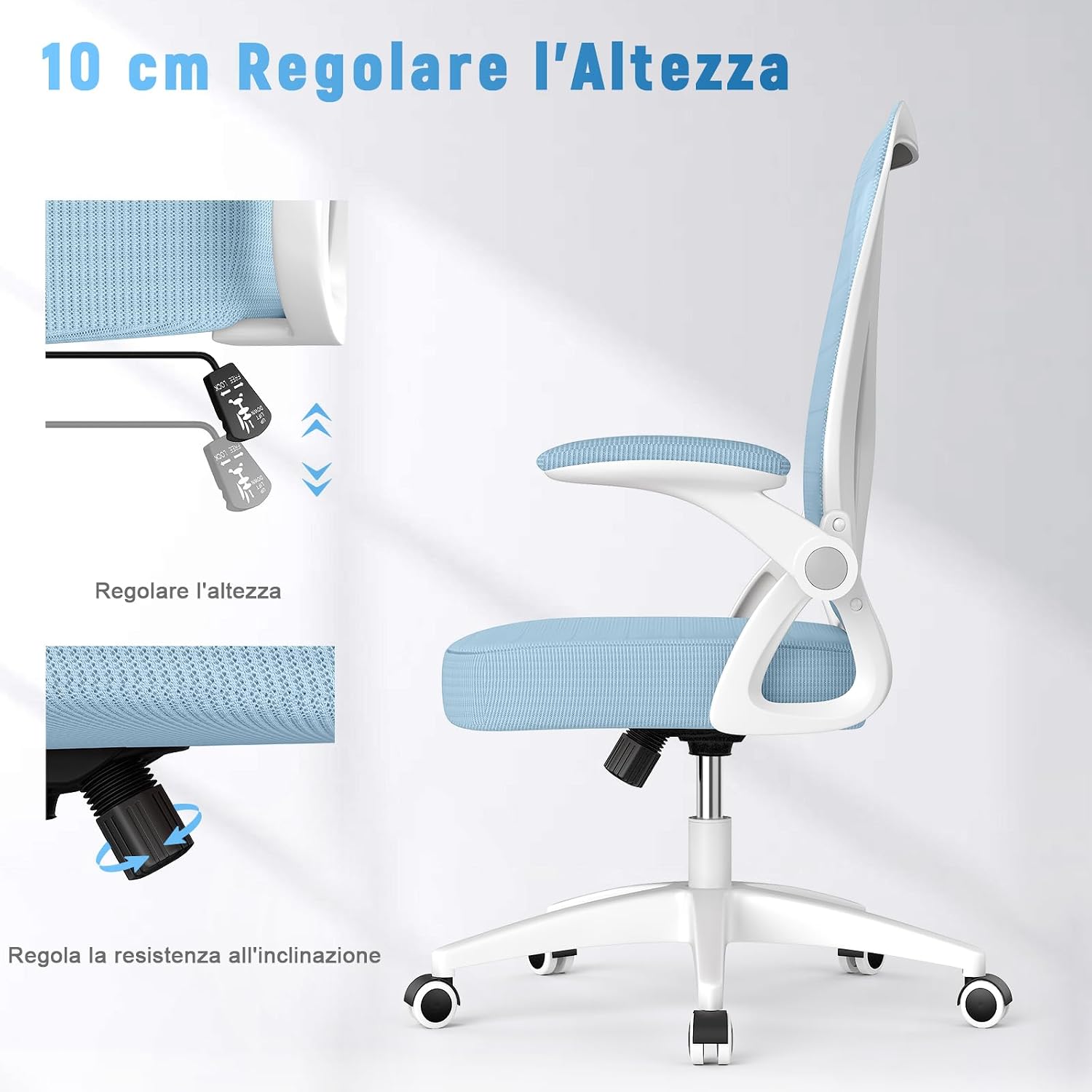 Detalle de Naspaluro Sedia da Ufficio Ergonomica: seduta regolabile, supporto lombare e poggiatesta, rete traspirante, braccioli 90° e schienale reclinabile