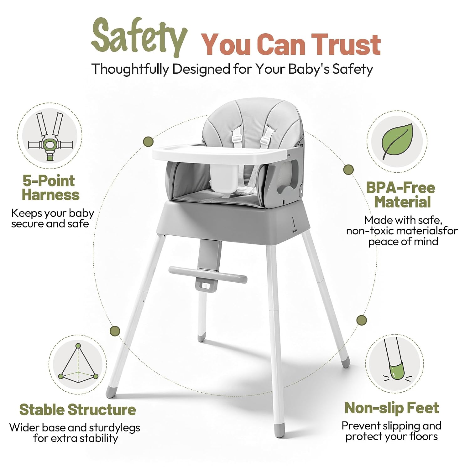 Detalle 2 de BABHAMNESS 5-in-1 Foldable Baby High Chair with Booster Seat and 5-Point Harness