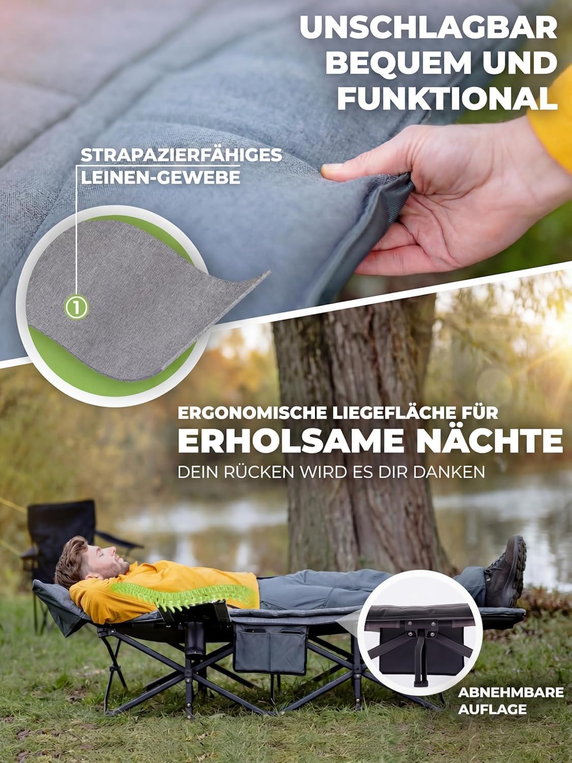 Detalle 2 de NORDICTRAILS Feldbett klappbar in 10 Sek aufgebaut – XXL Camping Liege, 200 cm x 80 cm, 200 kg