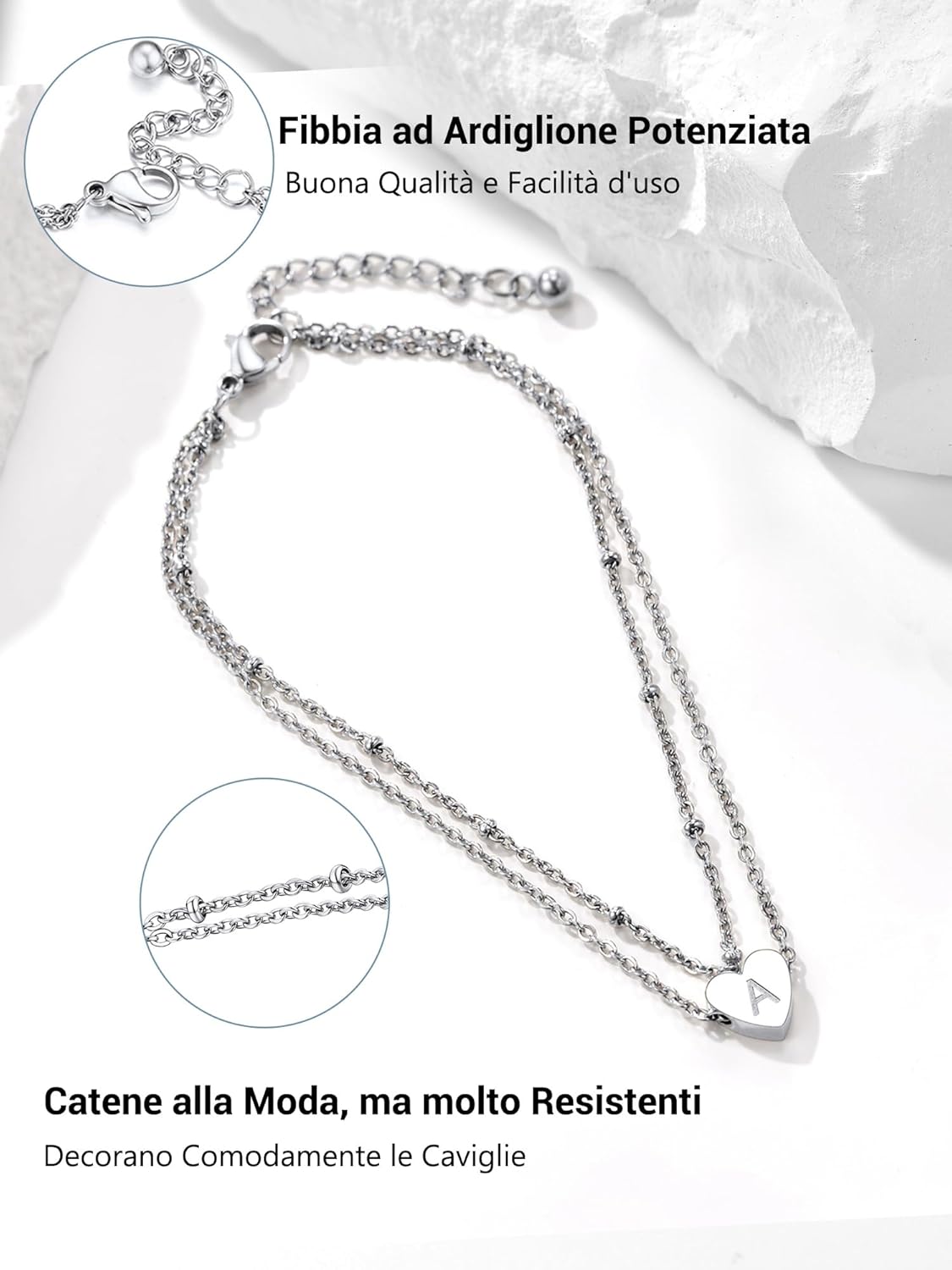 Thumbnail 2 de PROSTEEL Cavigliera donna a doppia catena con iniziali A-Z e pendente cuore in acciaio 316L placcato oro