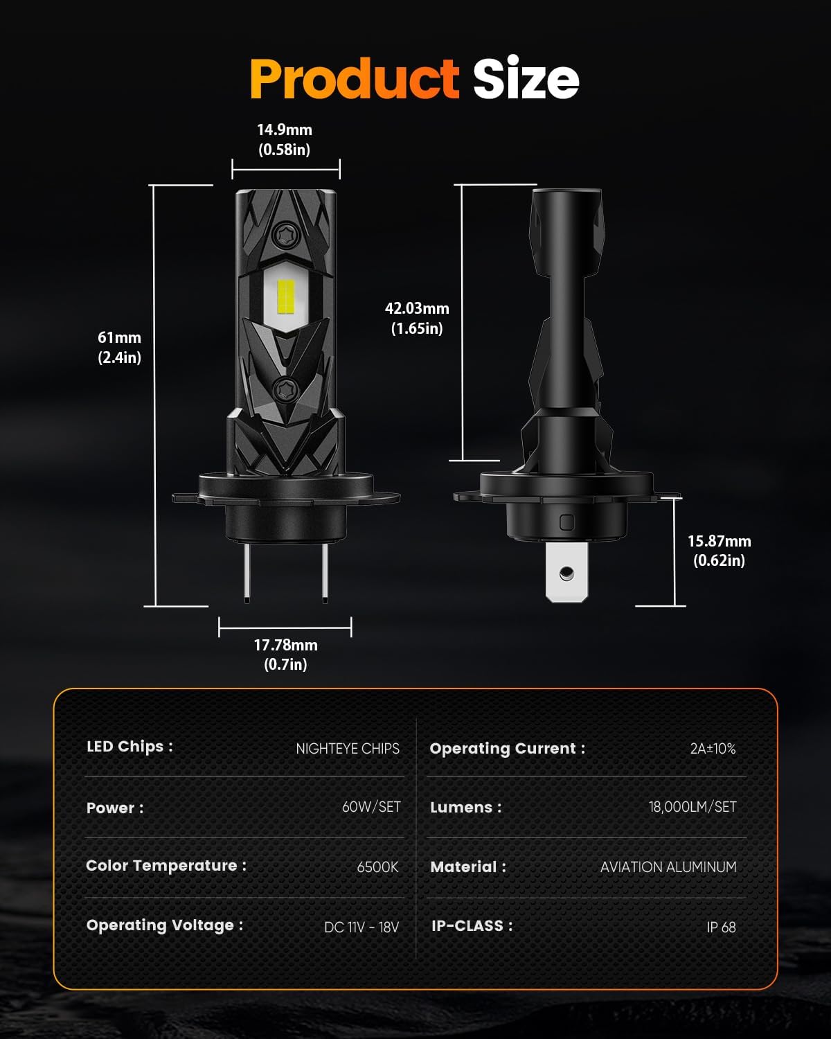 Detalle de NIGHTEYE H7 LED Headlight Bulb (18000LM, 6500K) – Plug and Play, IP68 Waterproof (Pack of 2)