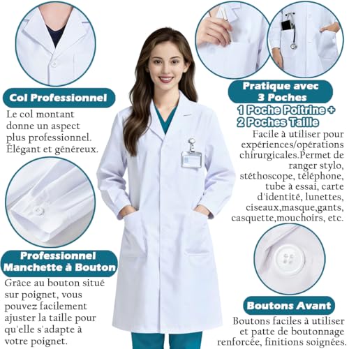Thumbnail 3 de COCREAZY Blouse Chimie Lycee Blanche - Blouse médicale en coton/polyester avec 3 poches