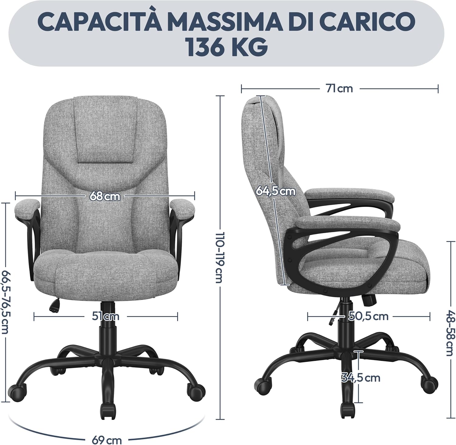 Detalle de Yaheetech Sedia Ufficio Ergonomica con Schienale Alto in Tessuto e Ecopelle Grigio – Rotelle, Altezza Regolabile