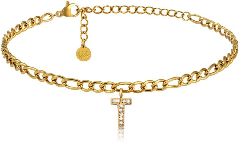 Detalle de GD GOOD.designs Fußkettchen Gold mit Initialen – verstellbar, 18K vergoldet, wasserfest aus Edelstahl (22–27 cm)