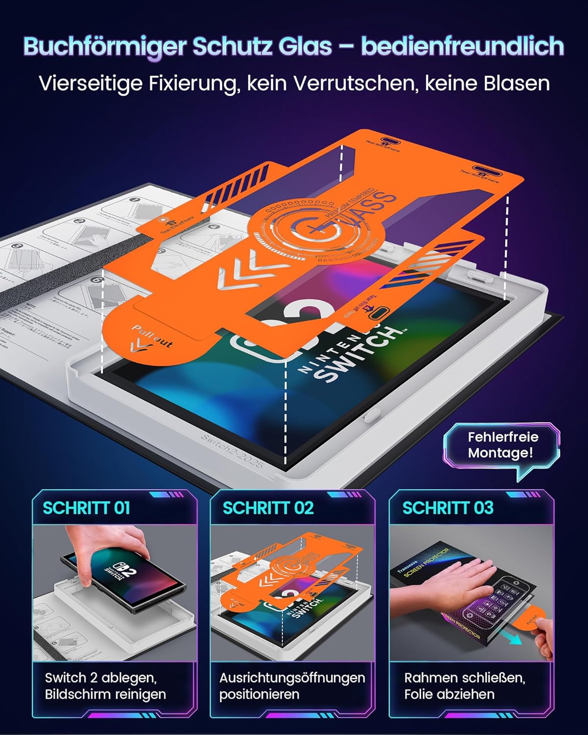 Thumbnail 2 de TRANSNOVO Switch 2 Schutzfolie (2025) mit Auto-Ausrichtungs-Buchrahmen – 9H Panzerglas, Zero-Lag Touch, 2 Stück