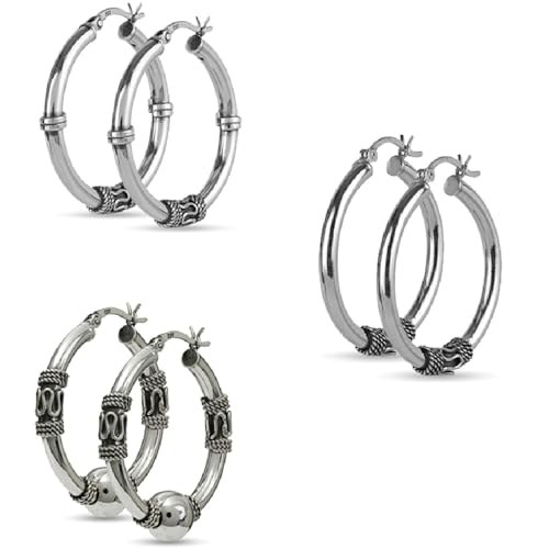 Detalle de LeCalla Lot de 3 boucles d'oreilles créoles balinaises légères en argent sterling – taille moyenne 30 mm