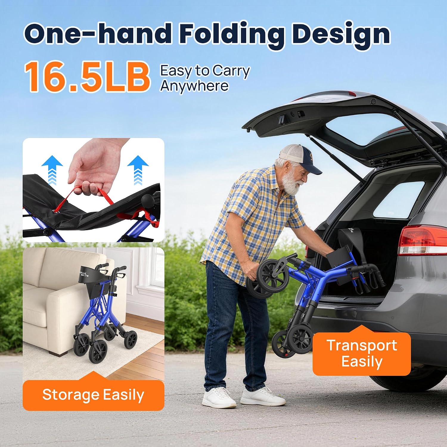 Detalle de WALK MATE Pro Blue rollator, verstelbaar en opvouwbaar met 25 cm wielen