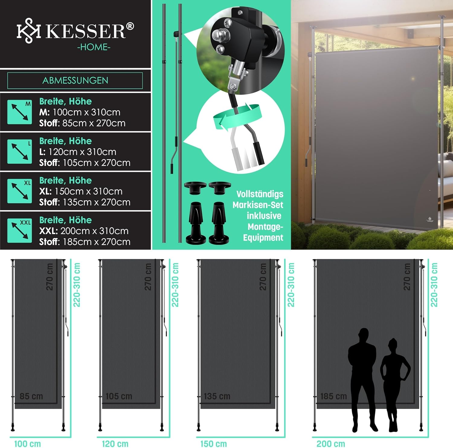 Thumbnail 6 de KESSER Klemmmarkise 200×310 cm: senkrechte Vertikalmarkise als Sicht- und Wetterschutz für Balkon & Garten