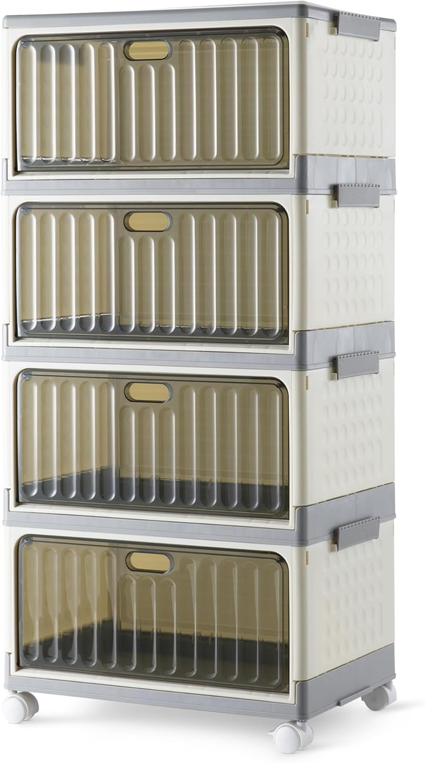 Detalle de Amazon Basics Stapelbare 4-Etagen Aufbewahrungsbehälter mit Rollen – 86,8 L Gesamtvolumen