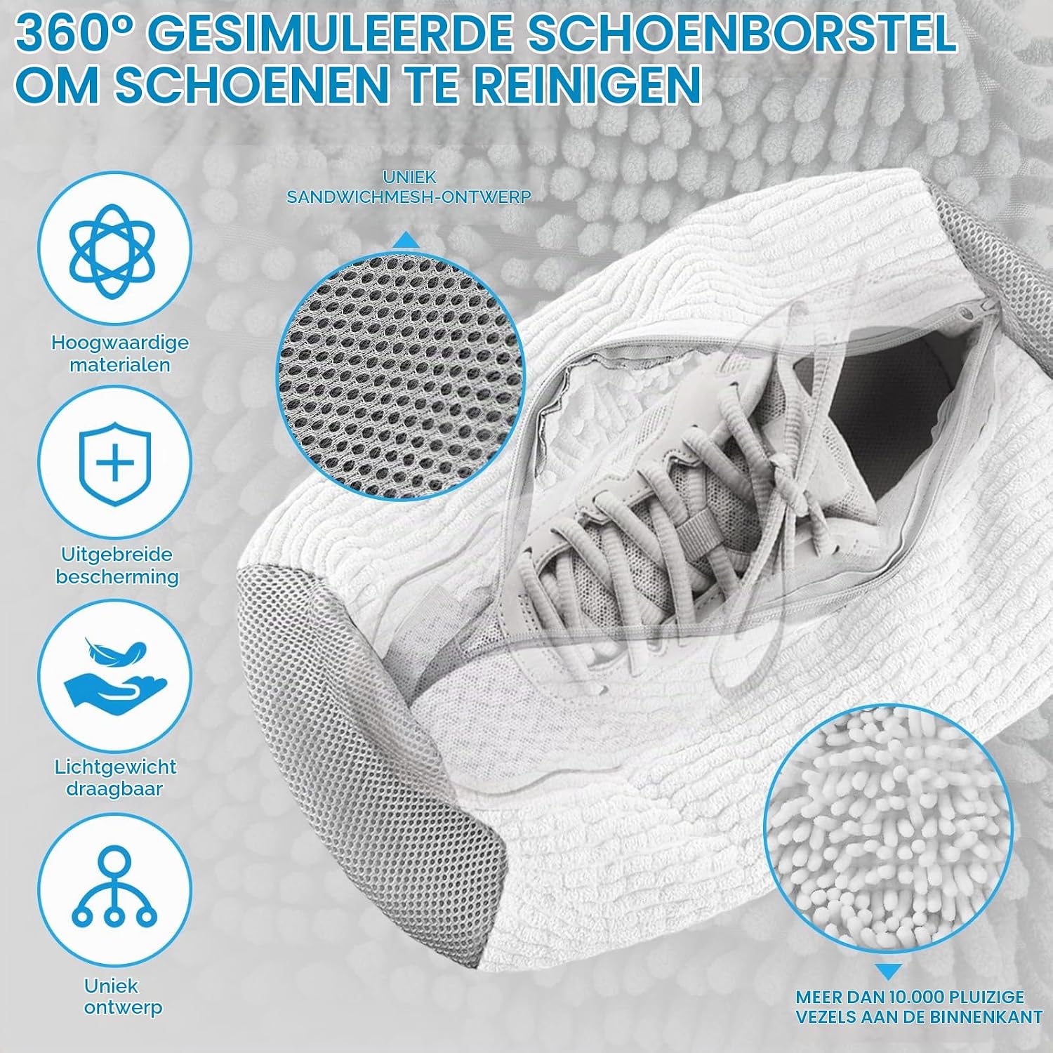 Detalle 2 de CNMTCCO schoenwaszakken voor de wasmachine, pluche polyester, wit met rits