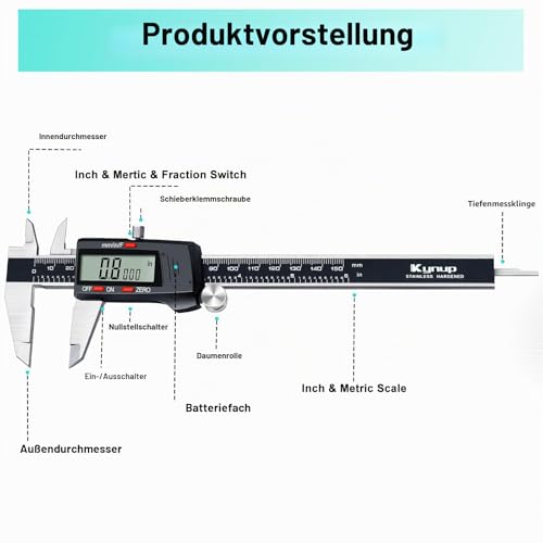 Thumbnail 4 de Kynup Messschieber Digital 150 mm – LCD-Digitalschieber mit 0–150 mm, Edelstahl, automatischer Abschaltung