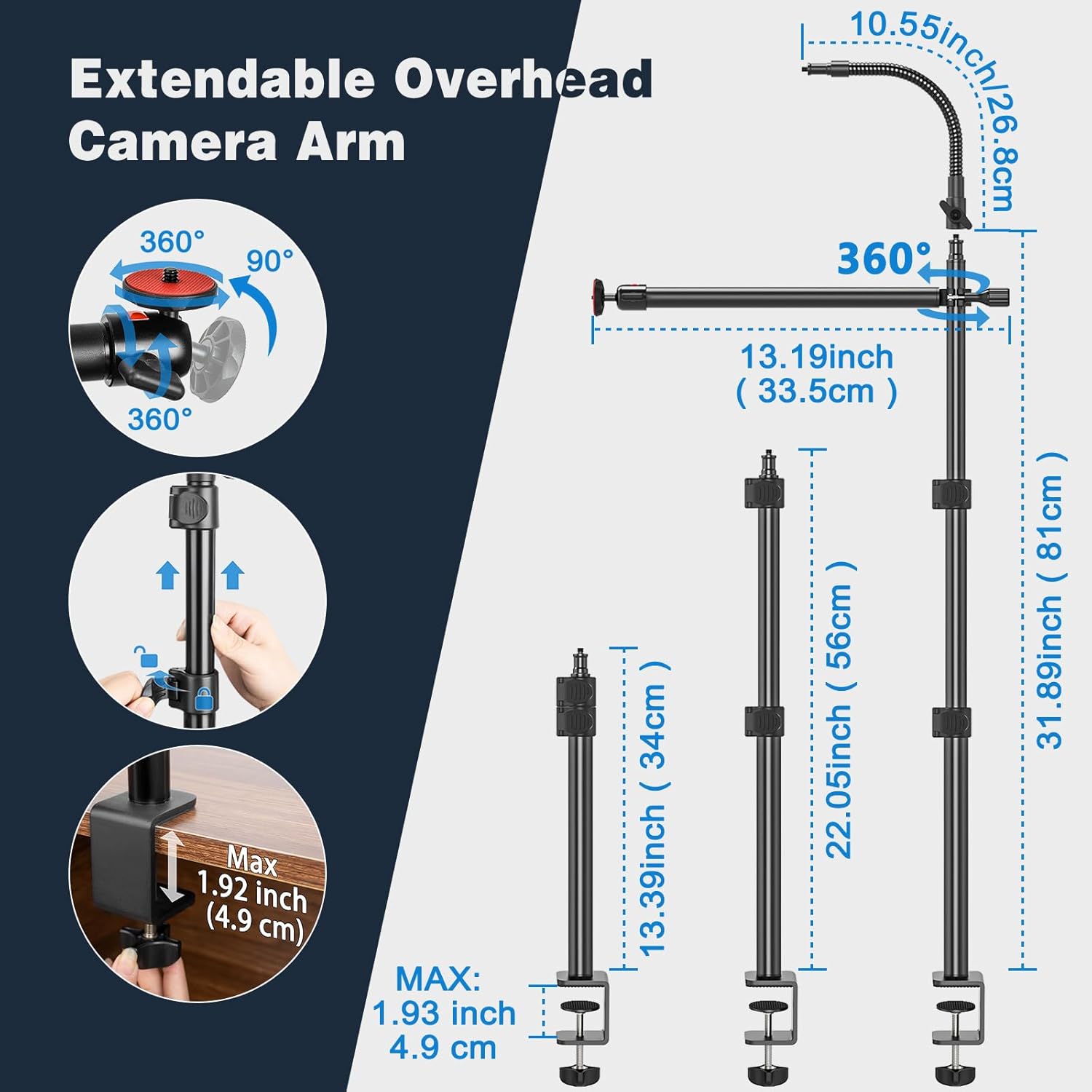 Thumbnail 1 de Overhead Camera Desk Mount (13.4–42.5 in) with gooseneck arm and C-clamp for webcam, DSLR & ring light