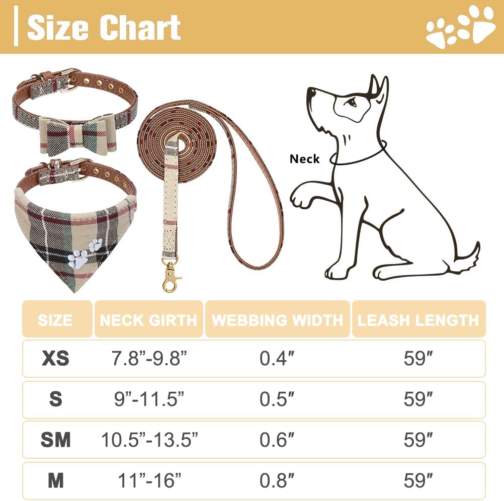 Detalle de EXPAWLORER Classic Plaid Dog Collar with Bow Tie and Pawprint Bandana – Brown, Medium